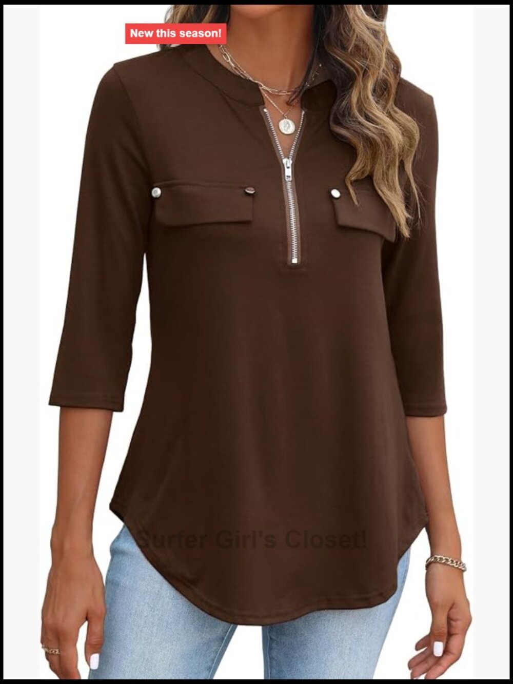 Womens 3/4 Sleeve V Neck Zip Front Tunic Top Business Casual Blouse